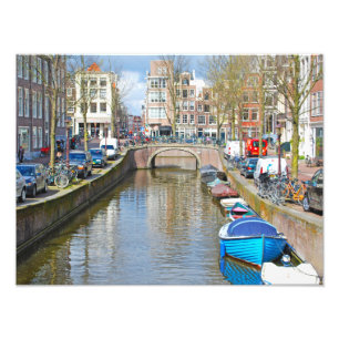 Amsterdam gracht met boten foto afdruk