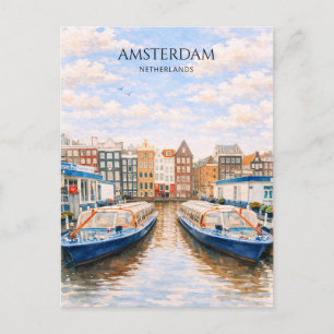 Amsterdam Grachtenboten Aquarel Schilderachtig Feestdagenkaart