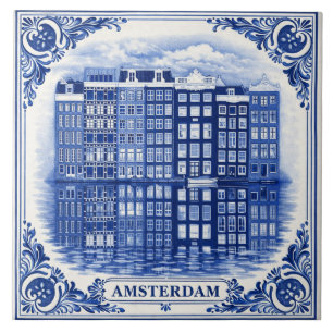 Amsterdam grachtenhuizen Delft Blue stijl tegel Tegeltje