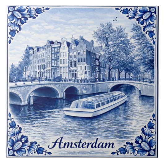 Amsterdam grachtenhuizen Delft Blue stijl tegel Tegeltje (Voorkant)