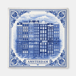 Amsterdam grachtenhuizen magneet in Delfts Blauw s