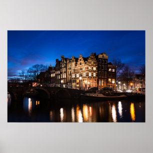 Amsterdam grachtenhuizen 's nachts poster