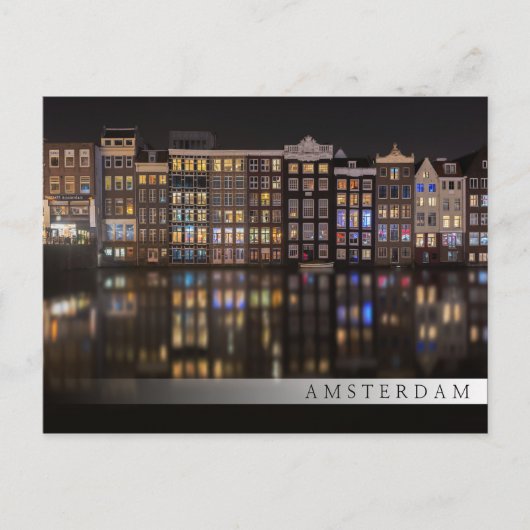 Amsterdam huizen met kleurrijke lichten in de nach briefkaart (Voorkant)