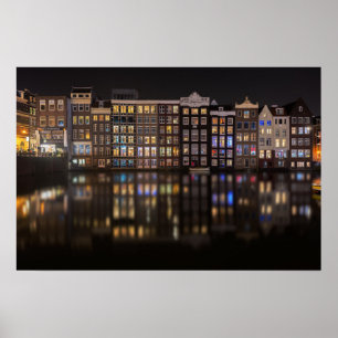 Amsterdam huizen met kleurrijke lichten in de nach poster