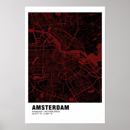 Amsterdam Kaart Poster - Amsterdam Zwart & Rood Ka (Voorkant)