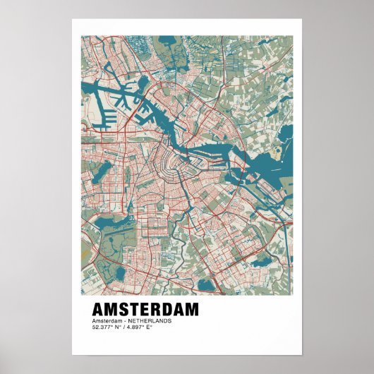 Amsterdam Kaart Poster -  Kaart Stijl (Voorkant)