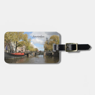 Amsterdam, Kanaal, Brug, Huisschip, Kerktoren Bagagelabel