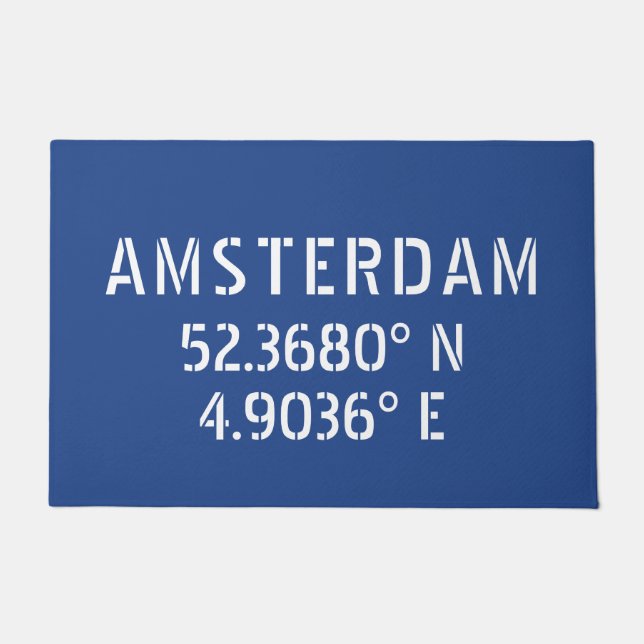 Amsterdam Latitude Longitude Blue Deurmat (Voorkant)