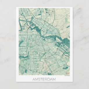 Amsterdam Map Blue Waterverf Briefkaart