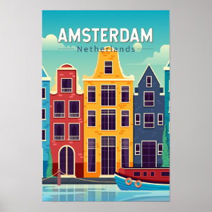 Amsterdam Nederland Kleurrijke Huizen Reis Retro Poster