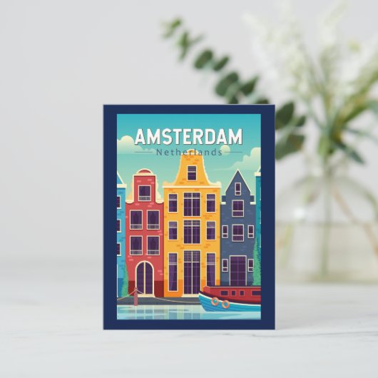 Amsterdam Nederland Kleurrijke Huizen Reizen Retro Briefkaart (Staand voorkant)
