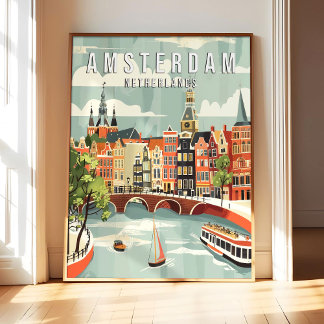 Amsterdam Nederland Poster Kunstprint, Stad Retro