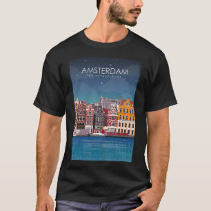 Amsterdam Nederland Travel Poster bij nacht T-shirt