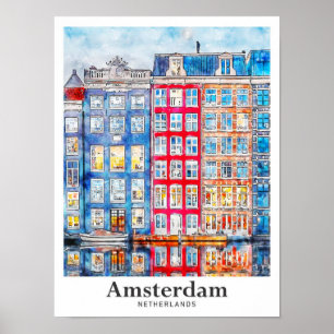 Amsterdam Nederland Travel Waterverf Hand getekend Poster