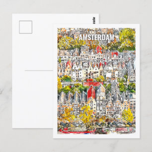 Amsterdam Nederland Travel Waterverf Sketch Briefkaart