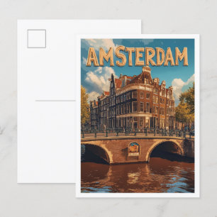 Amsterdam Nederland Vintage Illustratie Reizen Briefkaart
