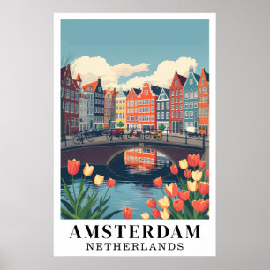 Amsterdam Nederland Vintage Reis Fietsen Kunst Poster