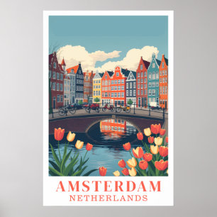 Amsterdam Nederland Vintage Reis Fietsen Kunst Poster