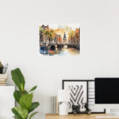 Amsterdam Nederland Waterverf Panorama Uitzicht Poster (Thuiskantoor)