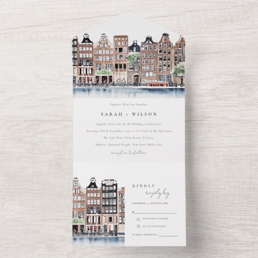 Amsterdam Nederlands landschapslandschap Waterverf All In One Uitnodiging (Binnen)