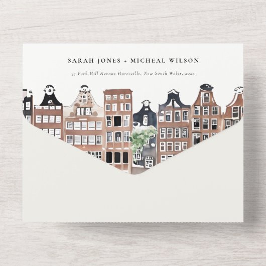 Amsterdam Nederlands landschapslandschap Waterverf All In One Uitnodiging (Achterkant)