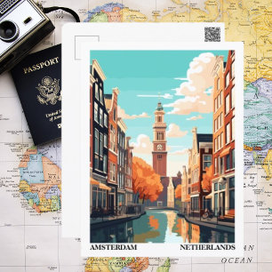 Amsterdam Retro Illustratie Reizen Briefkaart