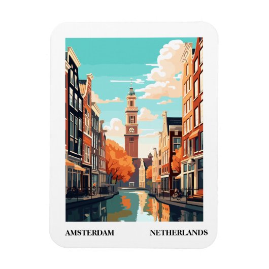 Amsterdam Retro Illustratie Reizen Magneet (Verticaal)