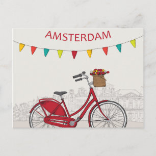 Amsterdam, rode fiets op straat, illustratie briefkaart