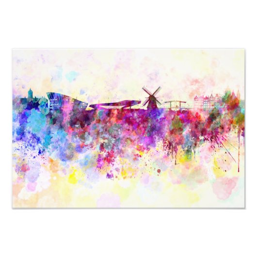Amsterdam skyline in watercolor background foto afdruk (Voorkant)