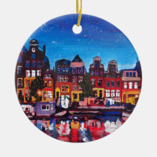 Amsterdam Skyline met kanaal 's nachts Keramisch Ornament