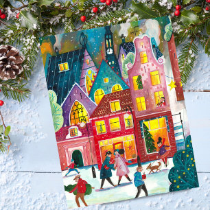 Amsterdam stad in de sneeuw illustratie Kerstmis  Feestdagenkaart
