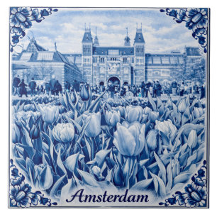 Amsterdam tulpen Delft Blue stijl tegel Tegeltje