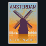 Amsterdam vintage poster<br><div class="desc">Amsterdam vintage poster in orange and blue textured background with skyiline in white</div>