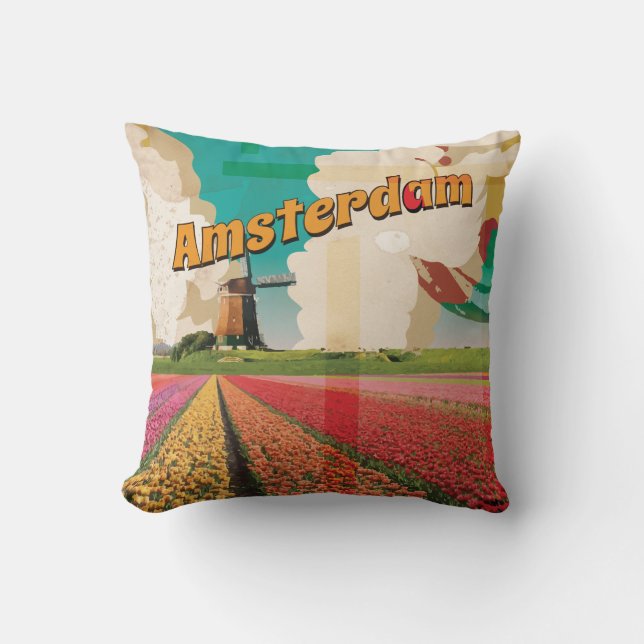 Amsterdam Vintage Reisposter Kussen (Voorkant)