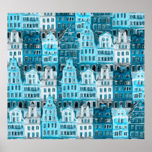 Amsterdamse architectuur, blauwe waterverf textuur poster