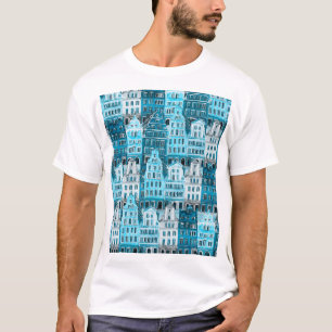 Amsterdamse architectuur, blauwe waterverf textuur t-shirt