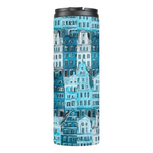 Amsterdamse architectuur, blauwe waterverf textuur thermosbeker (Achterkant)