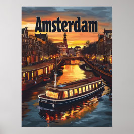 Amsterdamse gracht: Zonsondergang en stadsverlicht Poster