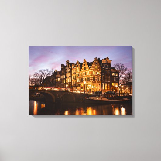 Amsterdamse grachtenpanden bij schemerdoek print (Voorkant)