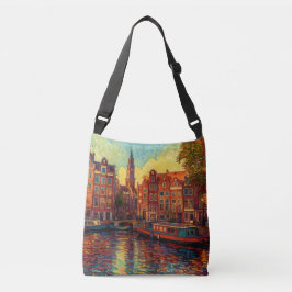 Amsterdamse grachtenpanden van Gogh stijl Crossbody Tas