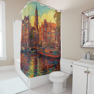 Amsterdamse grachtenpanden van Gogh stijl Douchegordijn