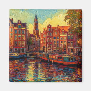 Amsterdamse grachtenpanden van Gogh stijl Magneet