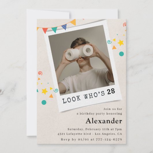 Amusant 28e anniversaire invitations Hommes Fun Ph (Devant)