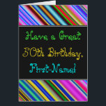 Amusant, coloré, Whimsical 50th Birthday Card<br><div class="desc">Cette carte de voeux amusante, colorée et fantaisiste à thème d'anniversaire présente un voeu d'anniversaire chaleureux comme "Ayez un grand 50e anniversaire, prénom!" sur le devant. Le nom sur le devant peut être personnalisé. Le haut et le bas de l'avant sont dotés d'un motif rayé multicolore et dynamique. L'intérieur comporte...</div>
