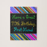 Amusant, coloré, Whimsical 70th Birthday Puzzle<br><div class="desc">Ce puzzle amusant, coloré et fantaisiste à thème d'anniversaire présente un voeu d'anniversaire chaleureux comme "Ayez un grand 70e anniversaire, prénom!". Le nom peut être customisé. Le haut et le bas sont dotés d'un motif rayé multicolore. Un casse-tête comme celui-ci pourrait être une façon amusante d'offrir des voeux d'anniversaire à...</div>