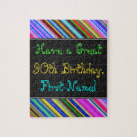 Amusant, coloré, Whimsical 90th Birthday Puzzle<br><div class="desc">Ce puzzle amusant, coloré et fantaisiste à thème d'anniversaire présente un voeu d'anniversaire chaleureux comme "Ayez un grand 90e anniversaire, prénom!". Le nom peut être personnalisé. Le haut et le bas sont dotés d'un motif rayé multicolore. Un casse-tête comme celui-ci pourrait être une façon amusante d'offrir des voeux d'anniversaire à...</div>