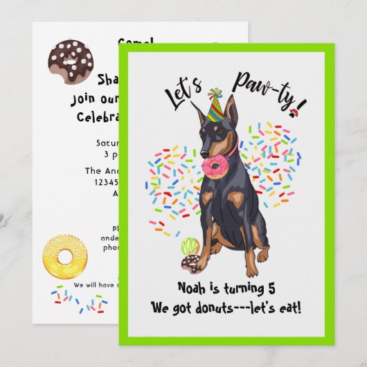 Amusant Doberman Donut Invitation de fête d'annive (Devant / Derrière)