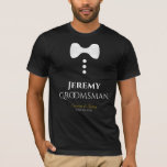 Amusant Groomsman White Cravate T-shirt Mariage<br><div class="desc">Ces t-shirts amusants sont conçus comme des faveurs ou des cadeaux pour les groomsmen mariages. Le t-shirt est noir et présente l'image d'une cravate arc blanche et trois boutons. Le texte dit Groomsman, et a un endroit pour entrer le nom du marié ainsi que le nom du couple mariage et...</div>