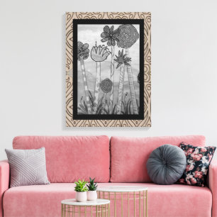 Amusante bloemen en stengels zwart-wit canvas afdruk