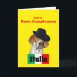 Amusante carte de chien de Charley Mobster Italien<br><div class="desc">A funny Birthday greeting card in Italian language featuring a rescue dog named "Charley" dressed as a Mobster with Italian flag. Says Have a Happy Birthday on front and on inside says "cause' I'm da boss of you!" tout en Italie. This humorous original design and photo artist c.a.teresa is customizable...</div>
